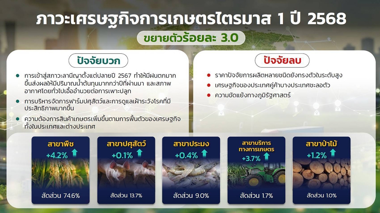จีดีพีเกษตร ไตรมาส 1 ทิศทางสดใส เติบโตร้อยละ 3 ทุกสาขาขยายตัว คาดทั้งปี ขยายตัวร้อยละ 1.8 - 2.8