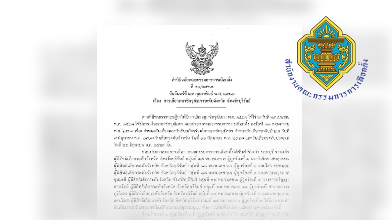 กกต.ยกคำร้องเลือก สว.จังหวัดบุรีรัมย์  ไม่พบมีพรรคการเมืองจัดตั้งผู้สมัคร