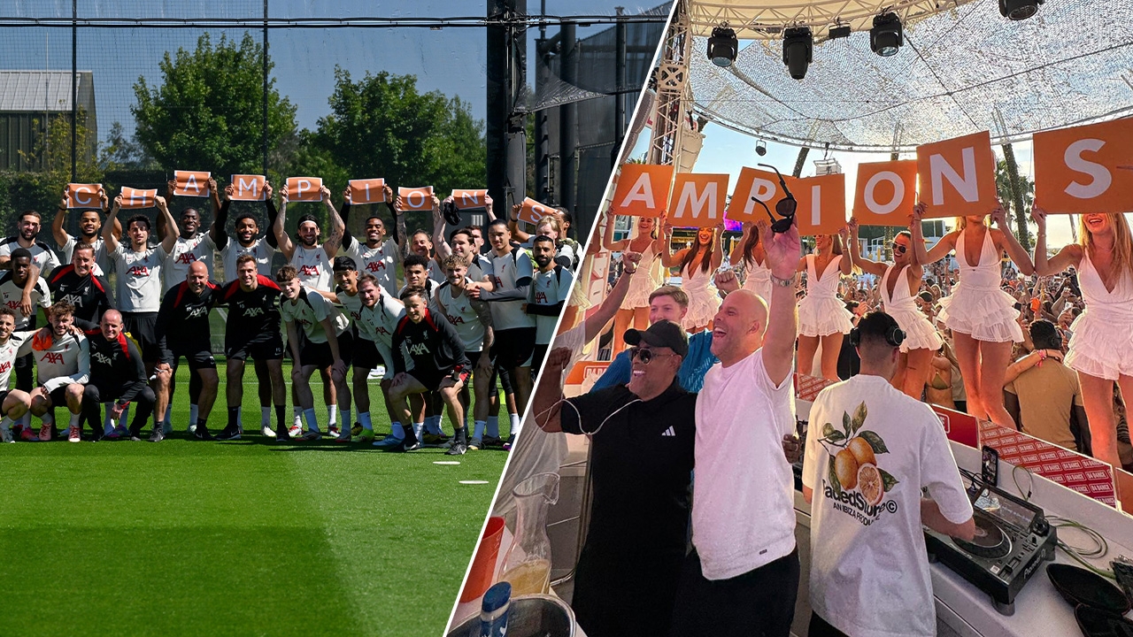 ฮาลั่นสนามซ้อม! แข้ง “ลิเวอร์พูล” รวมหัวแซวบอส ก๊อปปี้สาวในบาร์ชูป้าย "CHAMPIONS" (คลิป)