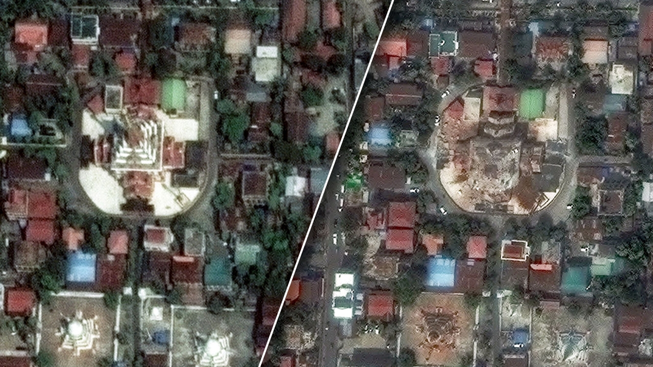 เผยภาพถ่ายดาวเทียมก่อน-หลังแผ่นดินไหวพม่า สภาพความเสียหายหนักจากแผ่นดินไหว อาคาร สะพาน วัดพังราบ