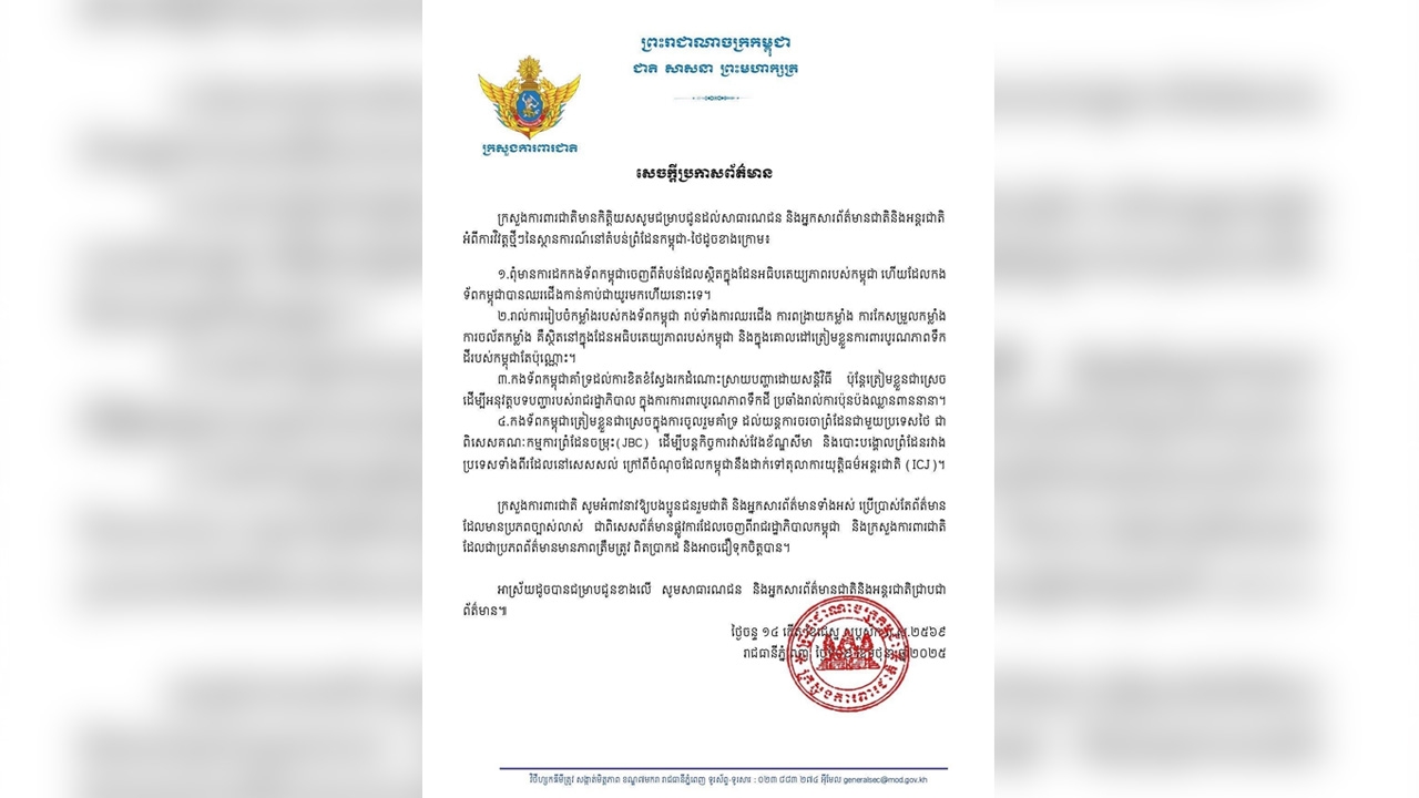 ยังไม่จบ กลาโหมกัมพูชา ออกแถลงการณ์ ยืนยันไม่เคยถอนกำลังทหารออกจากดินแดนอธิปไตยของตัวเอง