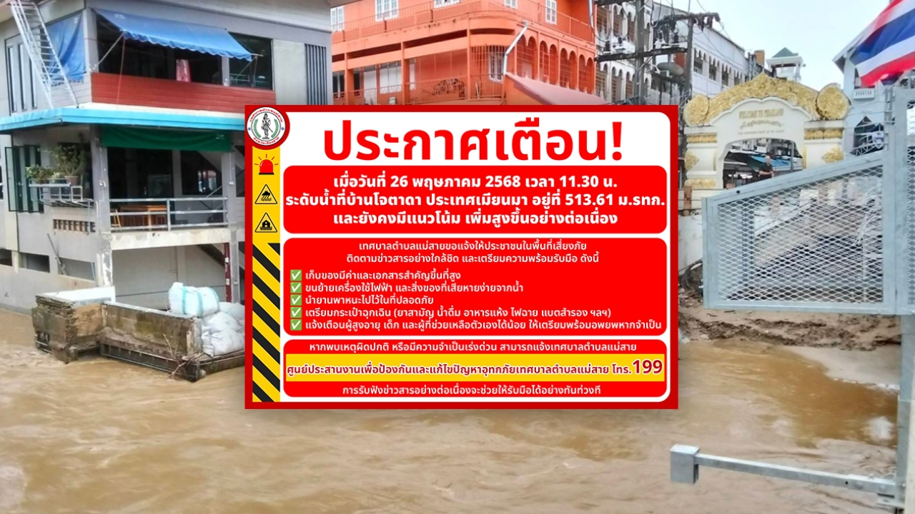 แม่สาย เตือนรับมือน้ำท่วม เก็บของขึ้นที่สูง หลังระดับน้ำฝั่งเมียนมาเพิ่มต่อเนื่อง