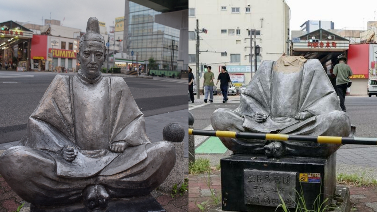 รูปปั้น "โทโยโทมิ ฮิเดโยชิ" ขุนศึกชื่อดังยุคศตวรรษที่ 16 ถูกตัดศีรษะ