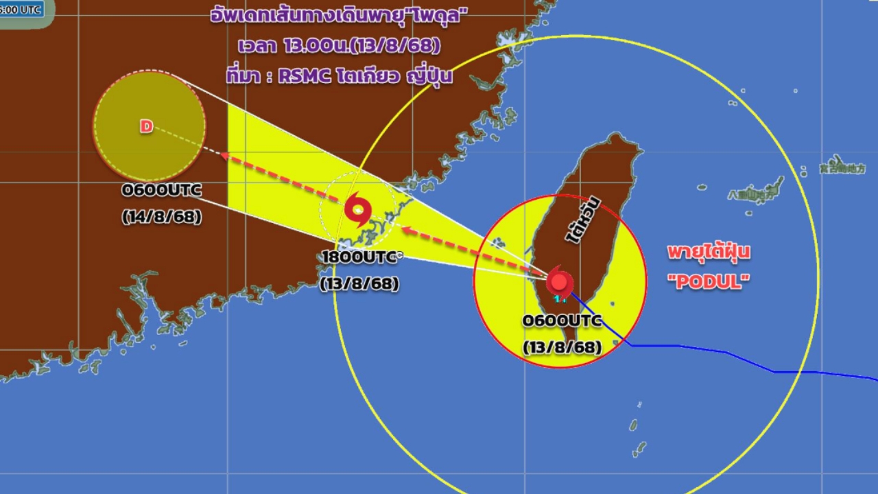 อัปเดตสถานการณ์ พายุไต้ฝุ่น "โพดุล" จ่อเคลื่อนขึ้นฝั่งประเทศจีน ไม่กระทบไทย