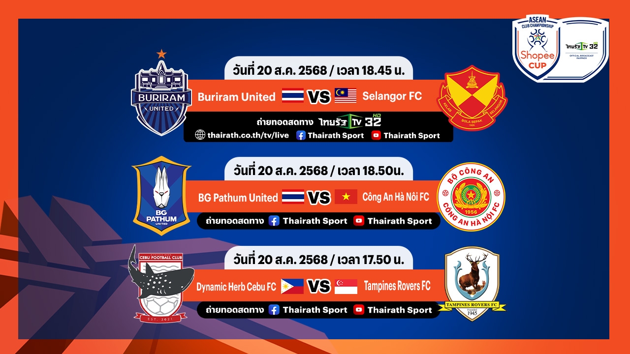 บุรีรัมย์ VS เซลังงอร์ ดูบอลสด-โปรแกรมฟุตบอล Shopee Cup 2025/26 ครบทุกคู่