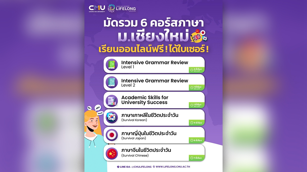 มหาวิทยาลัยเชียงใหม่เปิดคอร์สเรียนภาษาออนไลน์ฟรี 6 หลักสูตร พร้อมใบประกาศนียบัตรหลังจบหลักสูตร