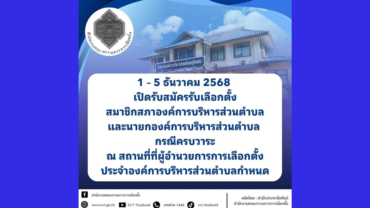 กกต.ขอเชิญชวนสมัครรับเลือกตั้ง สมาชิกสภา อบต. และนายก อบต. ระหว่างวันที่ 1-5 ธันวาคม 2568