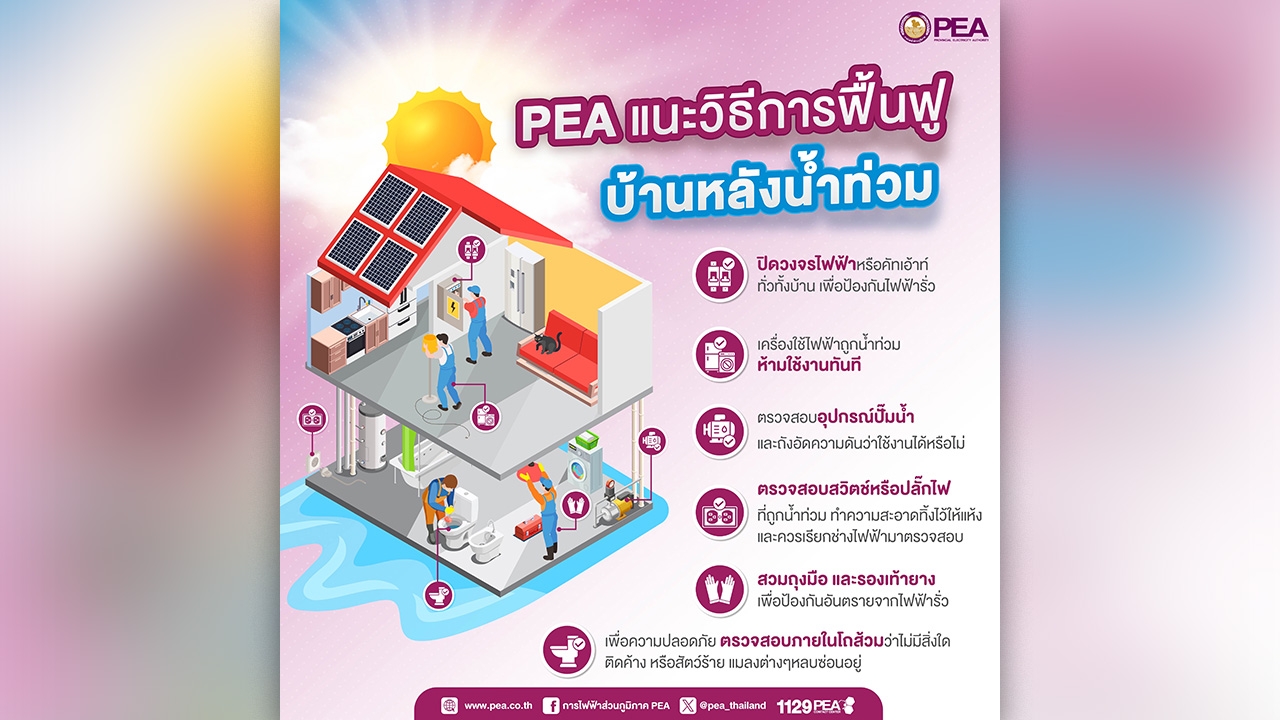 PEA แนะนำประชาชนเตรียมตัวเข้าบ้านหลังน้ำลด