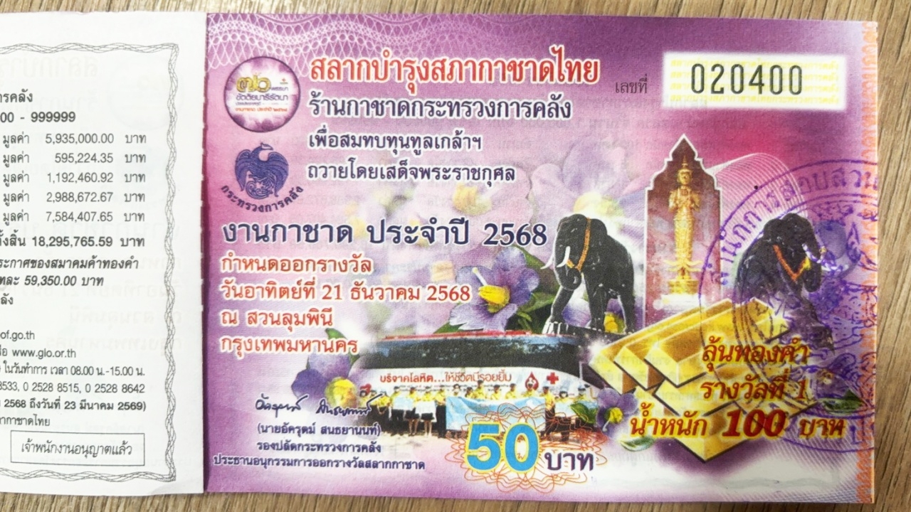 เปิดขาย "สลากกาชาด 2568" ลุ้นรับรางวัลใหญ่ "ทองคำ" มูลค่า 100 บาท