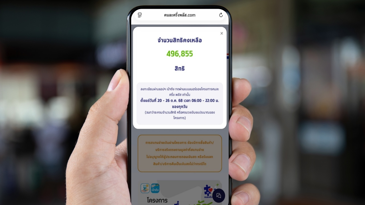 เช็กสิทธิคนละครึ่งพลัส www.คนละครึ่งพลัส.com ล่าสุดยังเหลือเกือบ 5 แสนสิทธิ