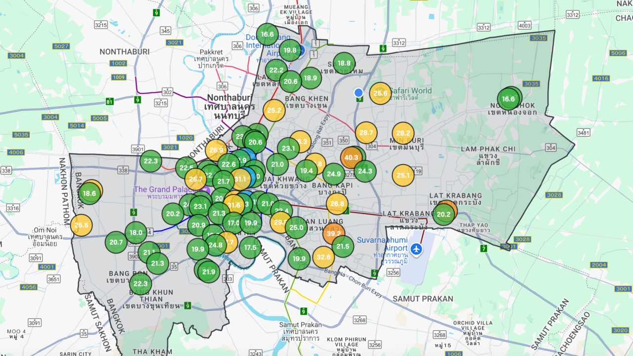 10 อันดับค่าฝุ่น PM 2.5 สูงสุดใน กทม. พบเกินมาตรฐาน 3 พื้นที่ เริ่มกระทบสุขภาพ