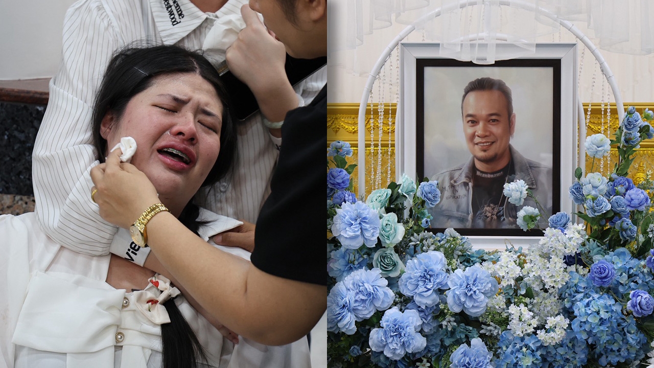 ไอซ์ ภรรยา เหน่ง เหม่งจ๋าย ร่ำไห้หนักนำร่างสามีบรรจุโลง เหม่อมองแต่รูปตลกผู้ล่วงลับ