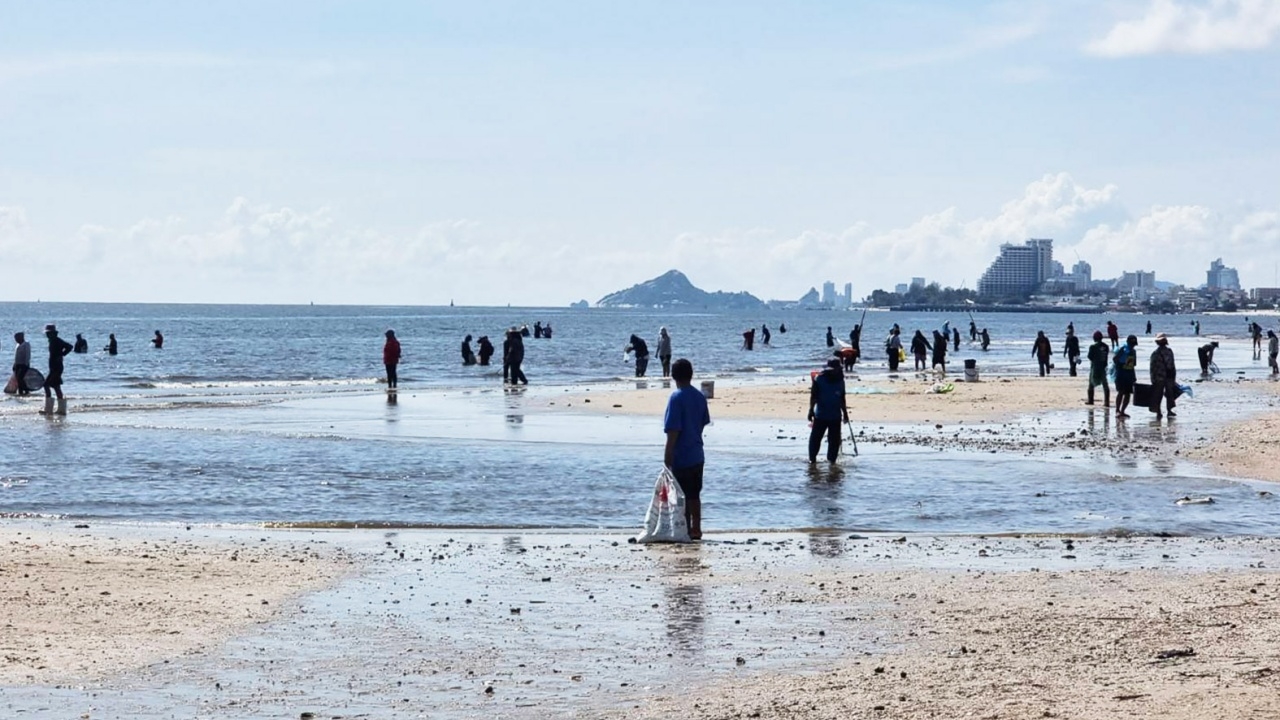 เกิดปรากฏการณ์ "น้ำเบียด" ชาวบ้านจำนวนมาก แห่จับปลาชายหาดหัวหินคึกคัก