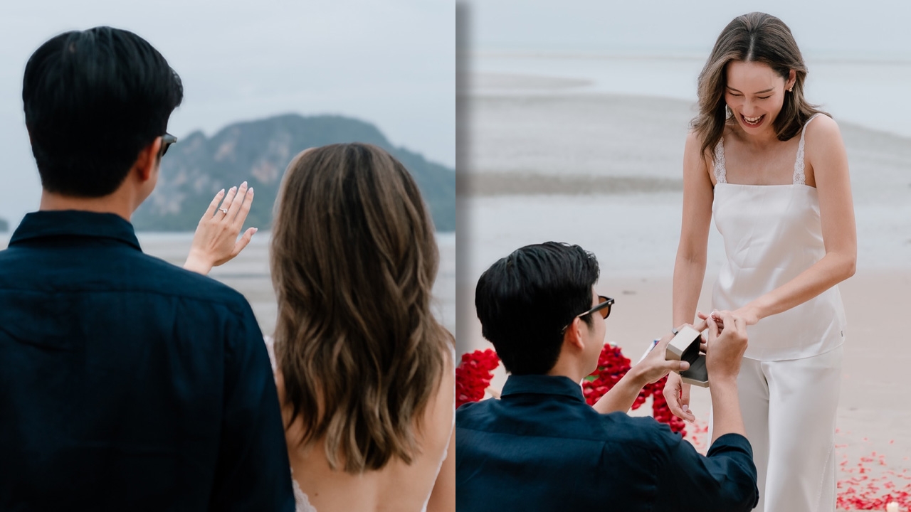 มะลิ โคทส์ สุดเซอร์ไพรส์ อั้ม ถิร คุกเข่าขอแต่งงานริมทะเล เพื่อนดาราร่วมยินดี