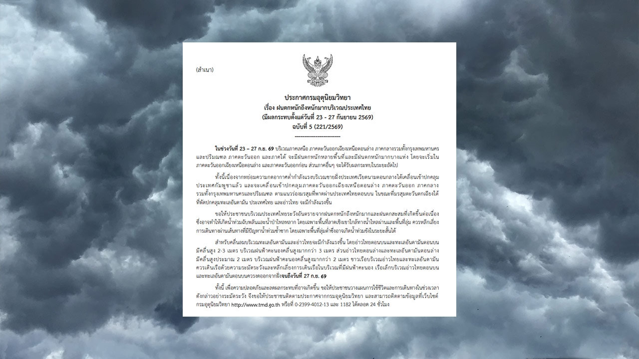 เตือนฉบับที่ 5 ทั่วไทยฝนตกหนักถึงหนักมาก เช็กรายชื่อจังหวัดที่ได้รับผลกระทบ