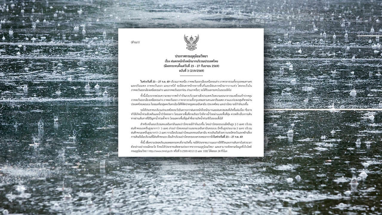 ประกาศฉบับ 3 เตือนฝนตกหนักถึงหนักมาก 23-27 ก.ย.นี้ เช็กจังหวัดที่ได้รับผลกระทบ