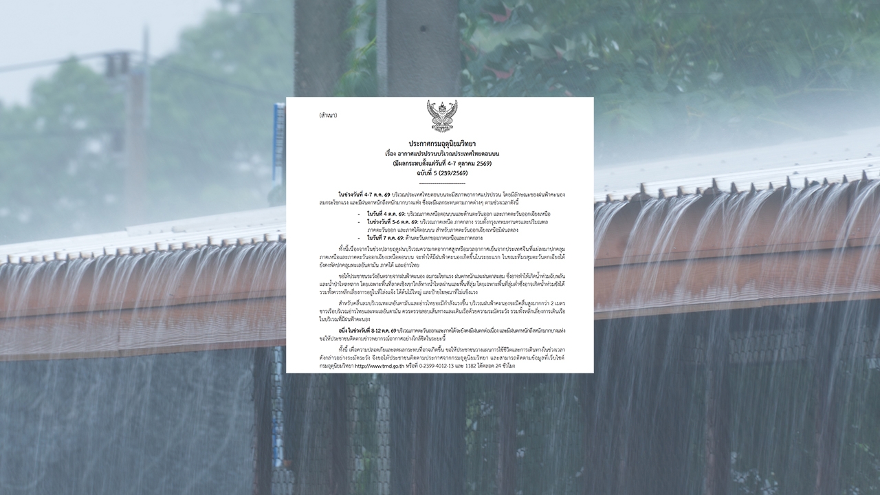 ประกาศฉบับที่ 5 เตือน "อากาศแปรปรวน" เช็กจังหวัดไหนบ้าง "ฝนตกหนักถึงหนักมาก"