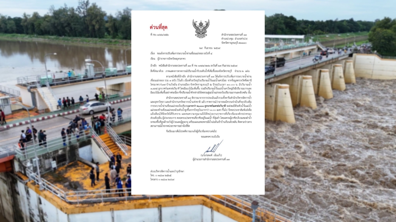 เขื่อนแม่กลอง ระบายเพิ่ม เตือน 4 จังหวัด ยกของขึ้นที่สูง เตรียมแผนอพยพ