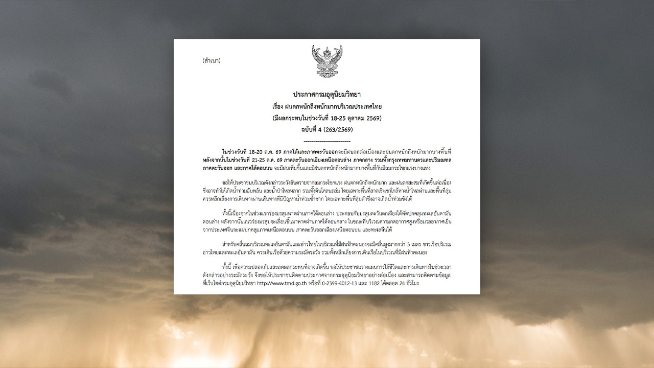 ประกาศฉบับ 4 เตือน "ฝนตกหนักถึงหนักมาก" ถึง 25 ต.ค. เช็กจังหวัดที่ได้รับผลกระทบ