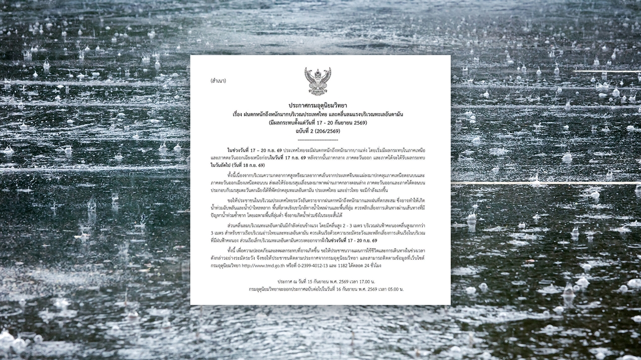 เตือนฉบับที่ 2 ฝนตกหนักถึงหนักมาก เช็กจังหวัดที่ได้รับผลกระทบ อาจเกิดน้ำท่วมขัง
