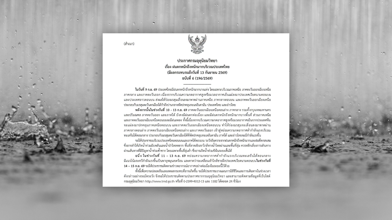ประกาศฉบับ 6 ไทยฝนตกหนักถึงหนักมาก อาจเกิดน้ำท่วมฉับพลัน-น้ำป่าไหลหลาก