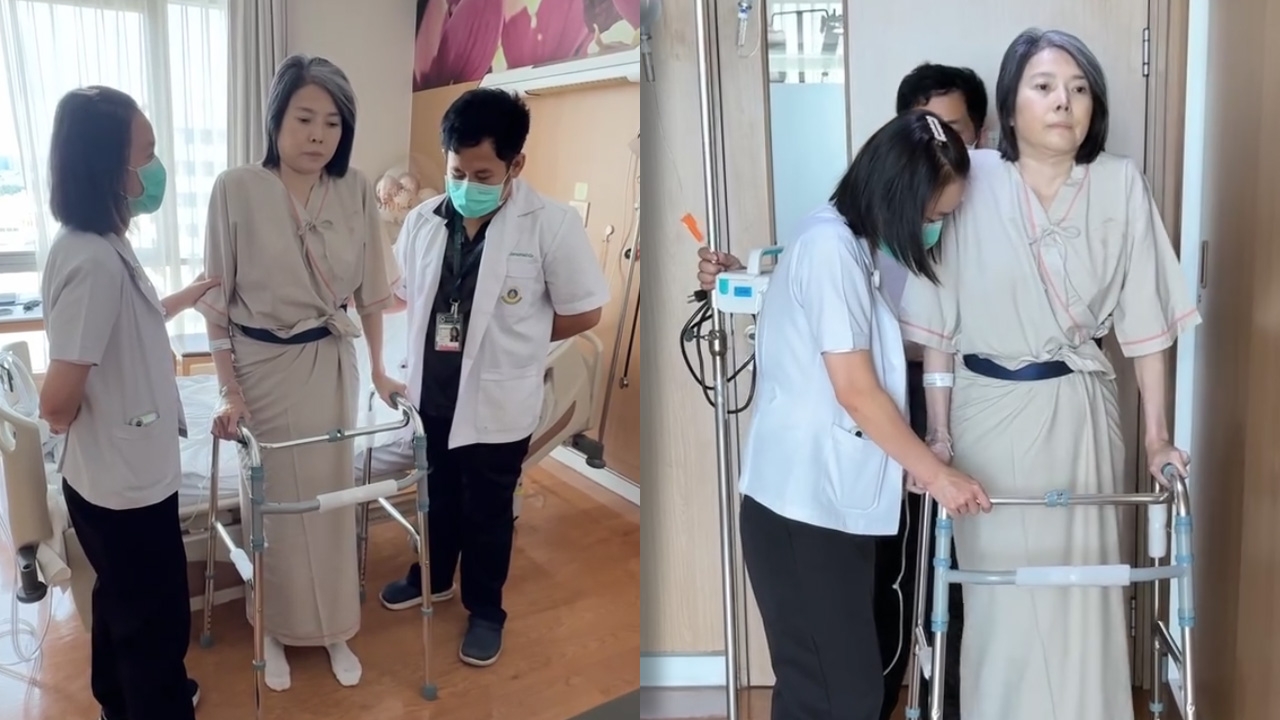 นิ้ง กุลสตรี ฝึกเดินกายภาพ หลังผ่าตัดเปลี่ยนข้อสะโพกทั้งชุด แฟนๆ ส่งกำลังใจ (คลิป)