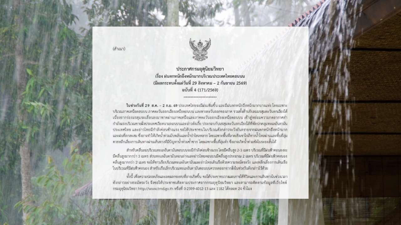 กรมอุตุฯ ประกาศฉบับ 4 เตือน 29 ส.ค. – 2 ก.ย. หลายจังหวัด "ฝนตกหนักถึงหนักมาก"