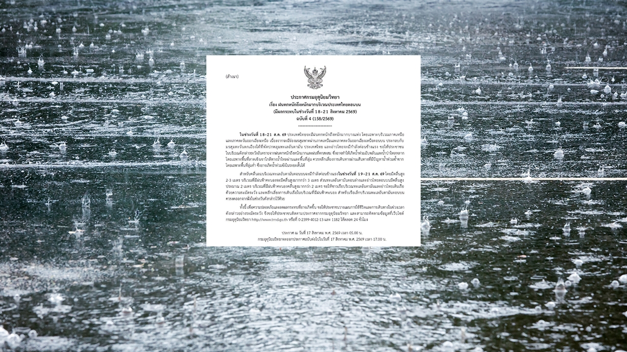 กรมอุตุฯ ประกาศฉบับ 4 เตือนฝนตกหนักถึงหนักมาก เช็กจังหวัดที่ได้รับผลกระทบ