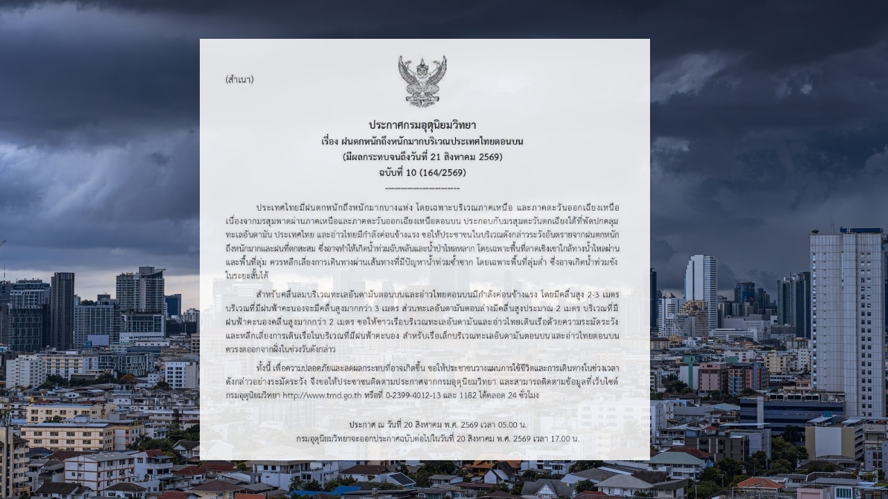 ประกาศฉบับ 10 เช็กจังหวัดไหนบ้าง "ฝนตกหนักถึงหนักมาก" อาจเกิดน้ำท่วมฉับพลัน