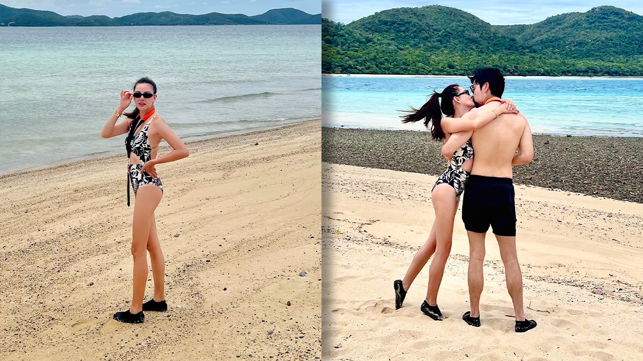 ดิว อริสรา นุ่งชุดว่ายน้ำ อวดโมเมนต์หวาน จูบ วู้ดดี้ ล่ำซำ ริมทะเล