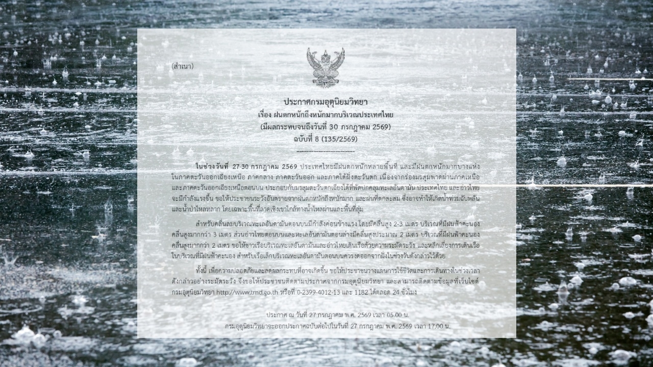 ประกาศฉบับ 8 เตือน 27-30 ก.ค.นี้ ฝนตกหนักถึงหนักมาก เช็กจังหวัดที่ได้รับผลกระทบ