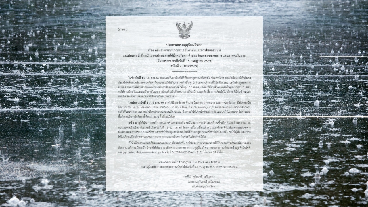 ประกาศฉบับ 7 เตือนฝนตกหนักมาก วันที่ 11-15 ก.ค. เช็กจังหวัดที่ได้รับผลกระทบ