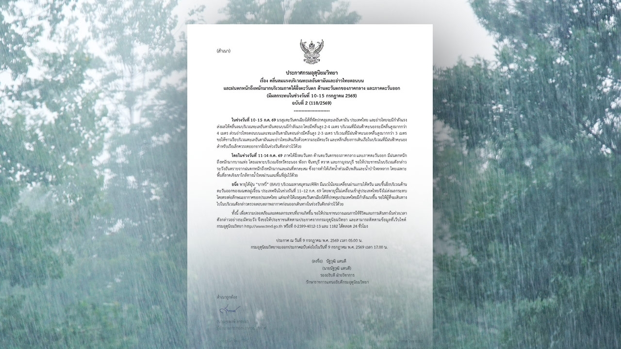 ประกาศฉบับ 2 เช็กรายชื่อจังหวัดเสี่ยง ช่วง 11-14 ก.ค. เตรียมรับมือ "ฝนตกหนัก"